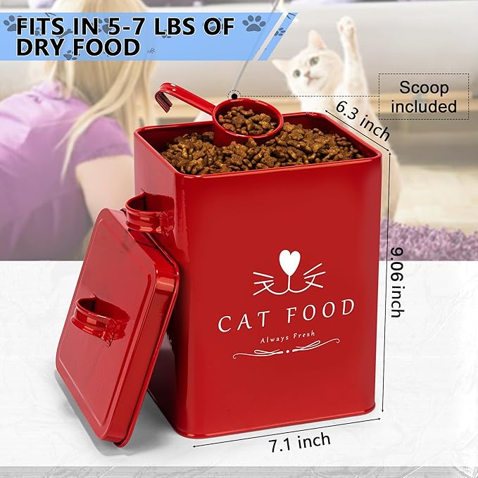 Meraki Home Farmhouse Cat Food and Treats Containers + Feed Scoop + Pet Food Bowl - Tight Lids - Large Metal Storage Bin - Great Gift for Cute Pets (Glossy Red)