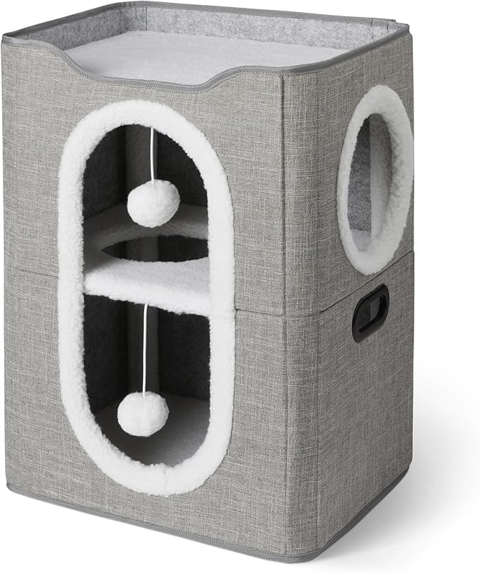 Amazon Basics 2-Cube Cat House with Sisal Scratch Pad and Dangle Toy, Grey