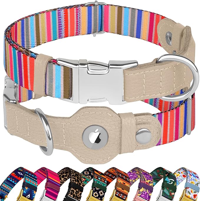 AirTag Dog Collar for Small Medium Large Breed - Adjustable Cute Pattern Dog Collar with Airtag Holder - Soft Leather Tracker GPS Apple Air Tag Pet Collars (Small, 12"-15" Neck Fit, Serape)