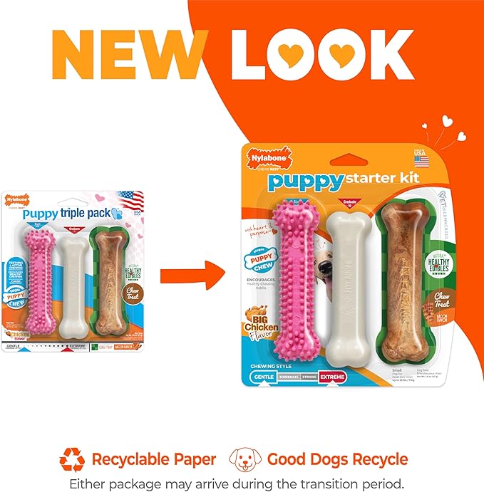 Nylabone Puppy Chew Toys & Natural Treat Triple Pack, Puppy Enrichment Teething Toys, Pink, Chicken & Bacon Flavor, Small Dogs - Up to 25 Ibs, 3 Pack