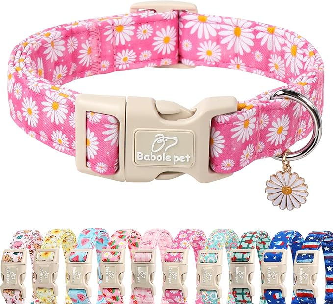 Summer Daisy Dog Collar, Cute Floral Adjustable Pink Dog Collars for Small Dogs, Lightweight Quick-Release Buckle Collar for Boy&Girl Dogs S