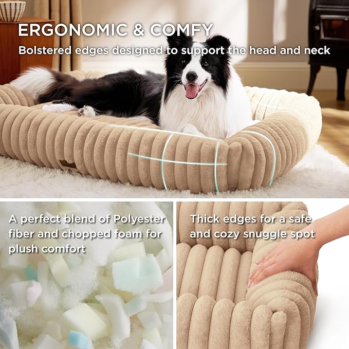 Bedsure ComfyFleece™ Cute Dog Beds Large Sized Dog - Washable Furry Pet Beds, Rectangle Orthopedic Corduroy Fleece Puppy Beds with Removable Zipper Cover, 36x27x8inches,Sandy Beige