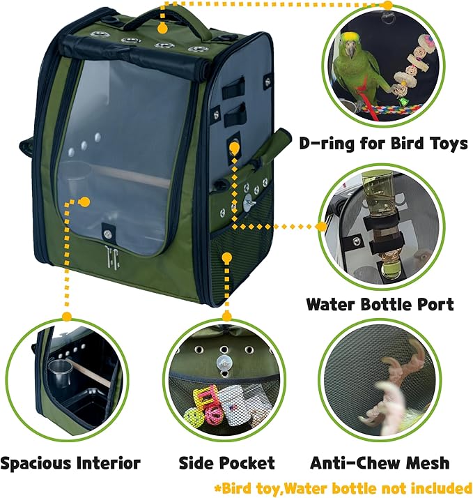 Birds Day Bird Carrier Backpack-Parrot Travel Cage with 2PCS Perch and Food Bowl, Stainless Steel Tray (Dark Olive Green)