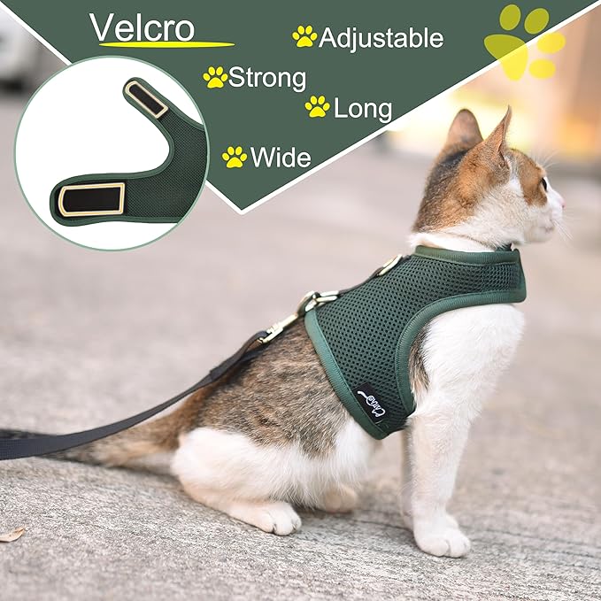 Kitty Harness and Leash for Walking Escape Proof Breathable Mesh Fabric, Solid Green, X-Small, Adjustable Cat Walking Jackets, Padded Stylish Cat Vest