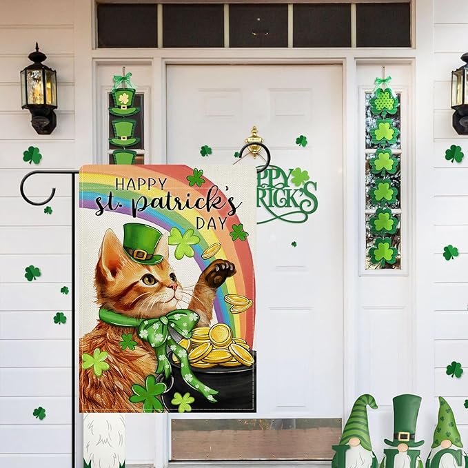 Dyrenson Happy St Patricks Day Orange Cat Decorative Garden Flag, Pet Rainbow Pot of Gold Yard Outside Home Decorations, Spring Irish Shamrock Clover Burlap Outdoor Small Decor Double Sided 12 x 18