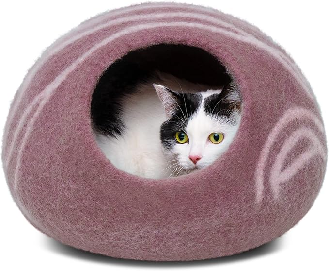MEOWFIA Cat Cave – Premium Felt Cat Bed for Indoor Cats, Handmade Merino Wool (Gold Rose, Medium)