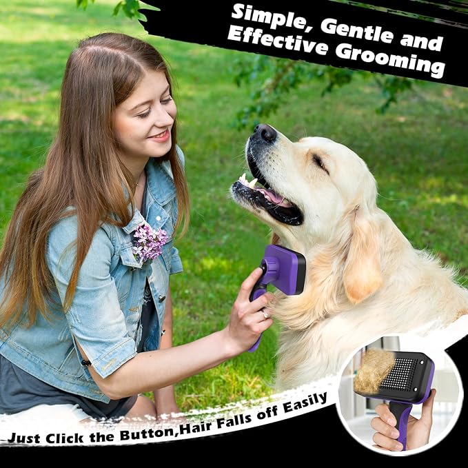 3PCS Self Cleaning Slicker Brush & Pet Grooming Rake & Flea Comb for Dogs,Cats and Horses | Double-Sided Dematting Comb & Skin Friendly Deshedding Grooming Tool | Premium Pet Supplies (Purple Black)