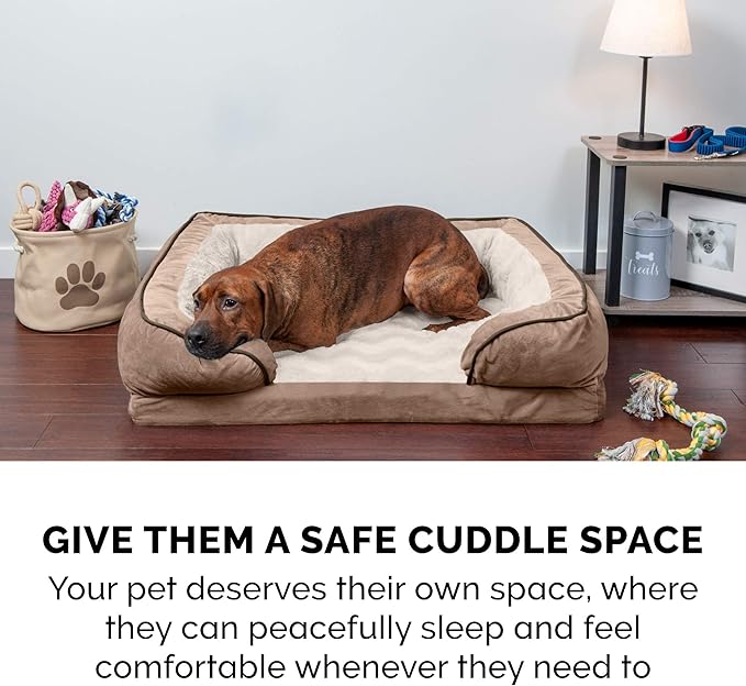 Furhaven Memory Foam Dog Bed for Medium/Small Dogs w/ Removable Bolsters & Washable Cover, For Dogs Up to 35 lbs - Plush & Velvet Waves Perfect Comfort Sofa - Brownstone, Medium