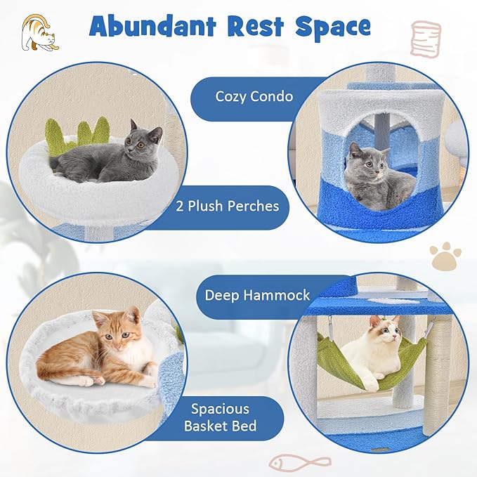 Tangkula Ocean-Themed Cat Tree, Multi-Level Cat Tower with Sisal Scratching Posts, Condo, Perch, Hammock, Jump Platforms, Hanging Interactive Toys, Cute Cat Activity Center for Indoor Cats (65 Inch)