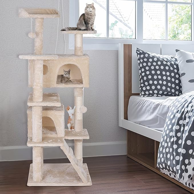 Premium Cat Tree 54-Inch Tall, Large Cat Condo Furniture with Sisal Posts and Plush Platforms, Luxury Lounger and Scratch Post for Happy Indoor Cats (Beige)