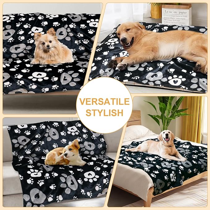 Dog Blanket, Soft Fleece Dog Blankets for Small Medium Dogs, Fluffy Flannel Pet Cat Puppy Blanket Mat Cover for Bed Couch, Cute Paw Print Throw Blanket for Dogs, Black, 40"X30"
