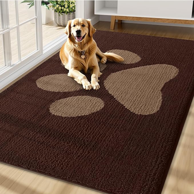 Buganda Dog Door Mat for Muddy Paws, Absorbent Dirt Trapper Non Slip Indoor Doormats, Washable Low-Profile Mat for Mud Dogs, Entryway Carpet for Inside Floor (70x47 Inches, Brown)