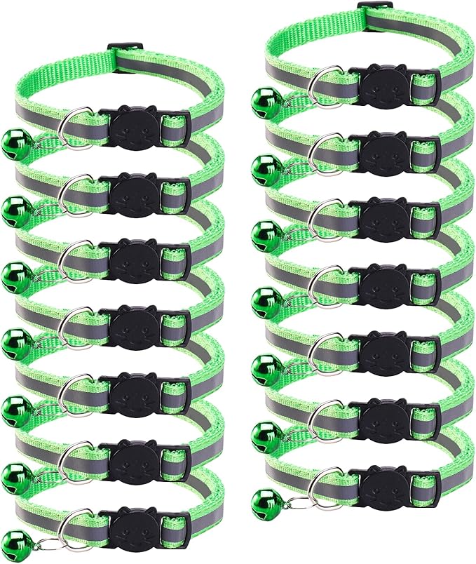 14 Pack Breakaway Cat Collar with Bell, Reflective Kitten Collar for Girl Boy Cats, Safety Buckle Adjustable 7.5-12.5 Inch, 0.4 Inch Width Lightweight, Pet Gifts (Light Green)