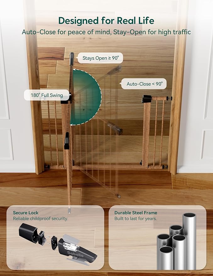 Mom's Choice Award Winner-BABELIO 26-40" Metal Baby Gate with Wood Pattern, PressGuard C5 Easy Install Pressure Mounted Dog Gate for Stairs and Doorways, with Wall Protectors and Extension Kits