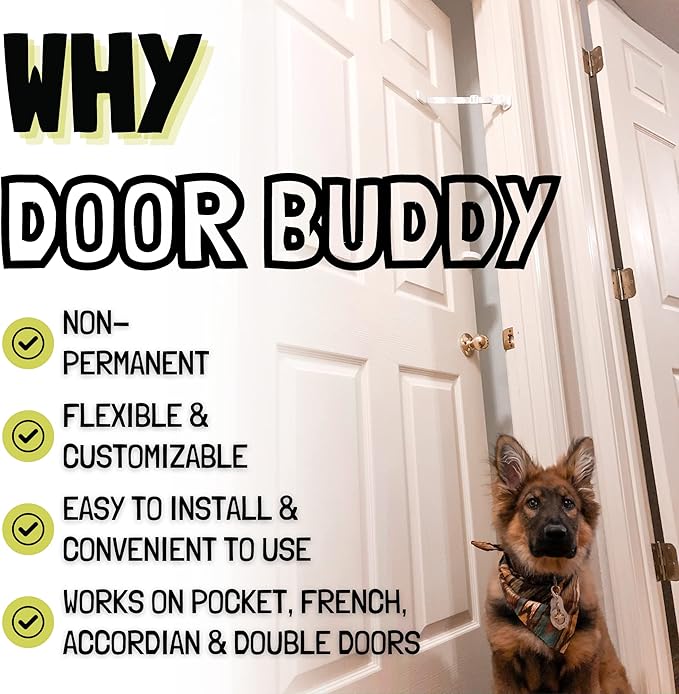 Door Buddy Cat Door Latch & Stopper. Adjustable Dog Proof Door Strap for Cats. Dog Proof Litter Box & Cat Feeder. Simpler Pet Gate Alternative. No Cut Cat Door Interior Door.