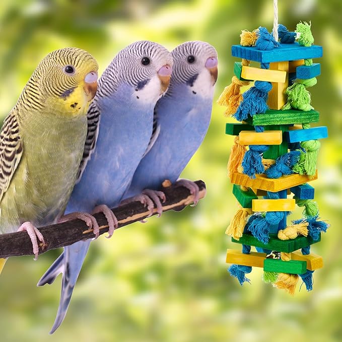 3 Pcs Extra Large Bird Parrot Toy Multicolored Natural Wooden Parrot Cage Chewing Toys for Large Medium Macaws Cockatoos African Grey Birds (Blue Block)