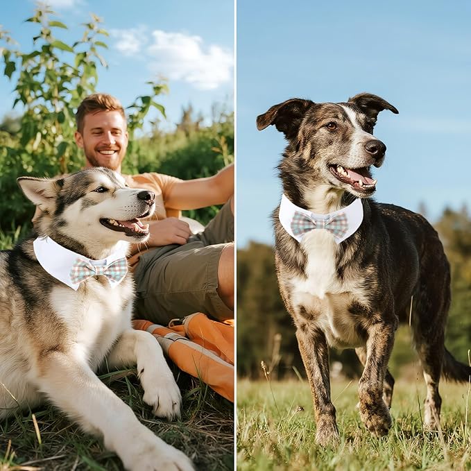 Segarty Dog Bow Tie Neck Girth 16.5-21.2in, Adjustable Blue Khaki Plaid Bowtie Collar for Extra Large Dogs, Pet Necktie Tuxedo Comfortable Cotton Grooming Accessory for Formal Wedding Holiday Birthday