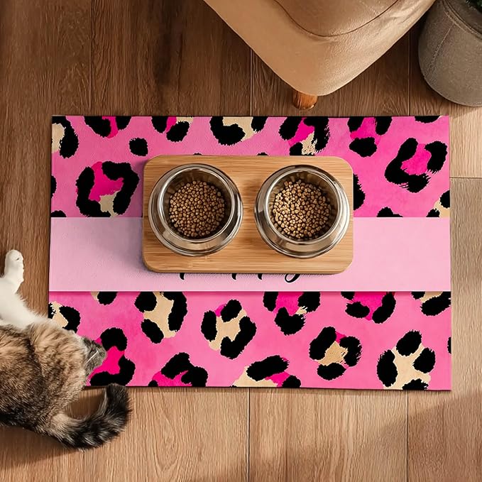Puppy Feeding Mat 20x12 inch Pink Leopard Print Dog Bowl Placemat Non Slip Mat for Pet Food and Water Small Dog Feeding Area Indoor Puppy Feedings Station Pet Meal Mats for Kitchen