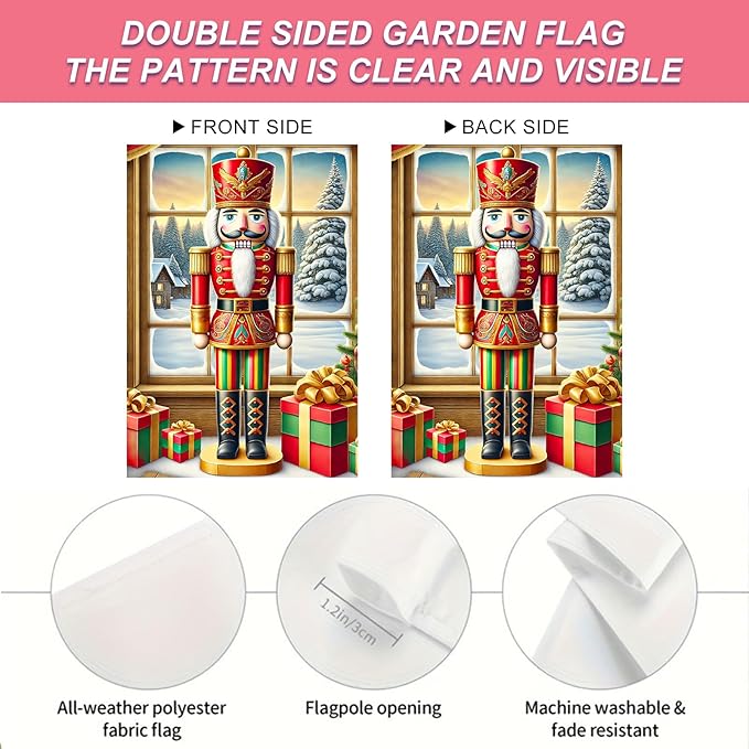 Christmas Garden Flag 12x18 Inch Nutcracker Soldier Decor Gift Box Snowy Pine Cottage Winter Forest Red Green Gold Classic Holiday Yard Lawn Outdoor Fence Decoration Tree Ornament Display