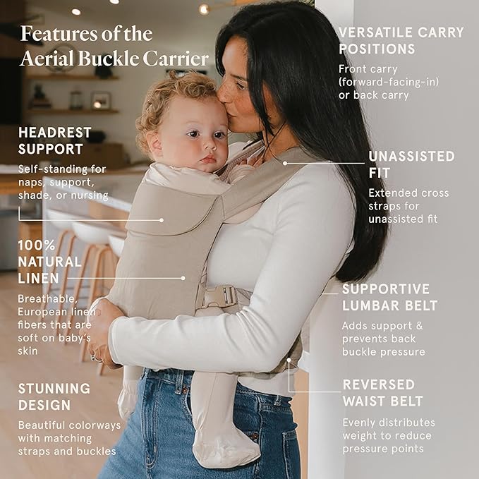 WildBird - Aerial Buckle Carrier - 2-24 Months - Standard (XS-XL) Desert Lark - Front & Back Carry - Cross Straps, Lumbar Support, Headrest, Hip Healthy, Baby Carrier - Baby Essentials - New Mom Gifts