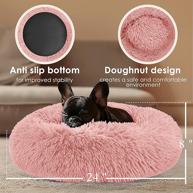 Dogs Bed for Small Dogs, Anti-Anxiety Washable Round Bed (Pink, 24.0" L x 24.0" W x 8.0" Th)