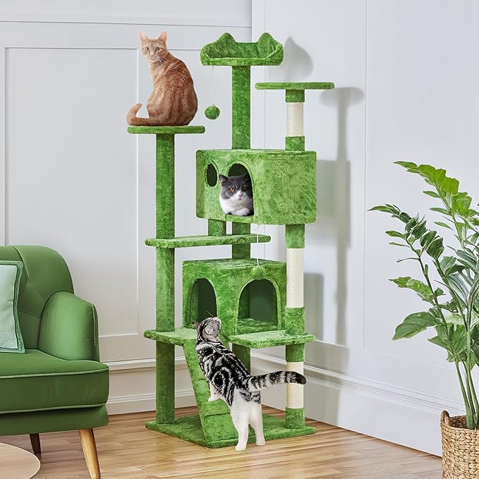 Yaheetech 62in Cat Tree Cat Tower for Indoor Kittens, Pet Furniture w/Double Condo, Scratching Posts, Multiple Platforms and Balls for Kitty, Green