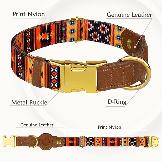 AirTag Dog Collar for Small Medium Large Breed - Adjustable Cute Pattern Dog Collar with Airtag Holder - Soft Leather Tracker GPS Apple Air Tag Pet Collars (Large, 17"-21" Neck Fit, Western)