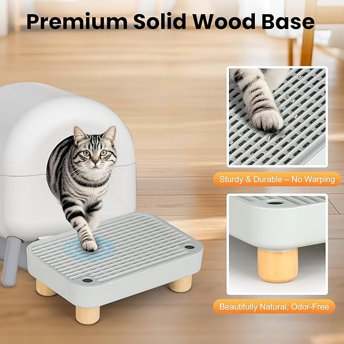 Litter Box Step, Litter Box Ramp/Catcher with Wooden Base, Anti-Tracking & Easy to Clean, Ideal for Small & Elderly Cats (Grey)
