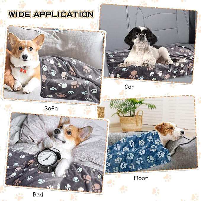 Rezutan Dog Blankets for Medium Pet, 3 Pack Blanket Fuzzy Cat Blankets Washable, Soft Comfort Flannel, Reversible Dog Paw Print, Gifts Puppy Essentials, 30 x 20 inch, 2Blue & 1Gray