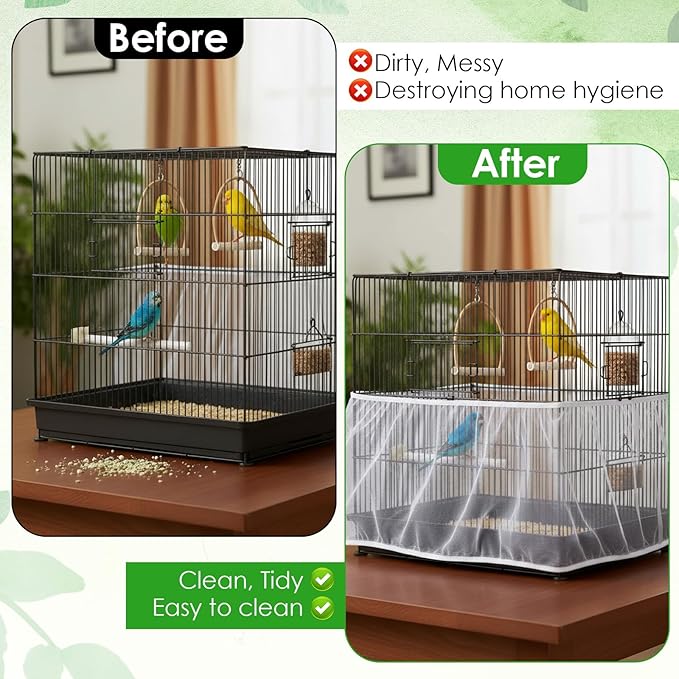 Bird Cage Seed Catcher, Mesh Net Cover Guard Soft Airy Cage Net Stretchy Skirt for Parrot Enclosures Round Square Cages(White