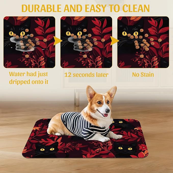 Black Cat Forest Pet Feeding Mat, Fast-Dry Absorbent Dog and Cat Bowl Mat, Waterproof Non-Slip Base for Messy Eaters, Indoor Pet Accessories – 12x20 Inch