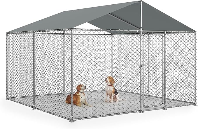 10x10 FT Outdoor Dog Kennel Outside with Metal Large Dog Gate, Outdoor Dog Pens with Roof, Heavy Duty Dog Kennel for Backyard Farm Use (124x124x87IN)