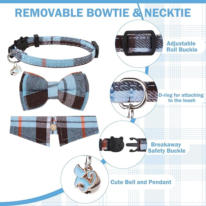 Cat Collar with Bells Breakaway, Bowtie Cat Collar for Boy Girl Cats with Removable Shirt Collar, Cute Plaid Kitten Collar with Bell & Pendant Adjustable, 2 Pack Blue Cat Necklace for Cat Pet