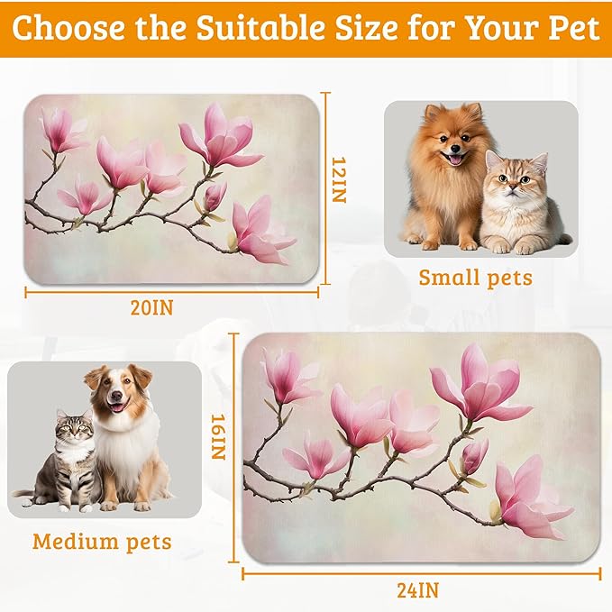 Pink Magnolia Feeding Mat,Vintage Flowers Absorbent Quick-Dry Cat Dog Food and Water Bowl Mats,Non-Slip Rubber Backing Mat,Cat Dog Accessories Supplies 12" x 20"