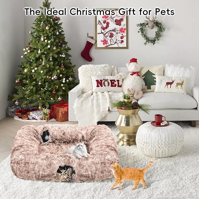 Extra Large Cat Tunnel Bed, 4 Ways Tunnels for Indoor Cats, Multi-cat Family Pet Bed & Cave, Plush Cat Donut with Washable Middle Mat, Exit Balls, Pet Play Toy for Kitten Puppy Rabbit, Brown