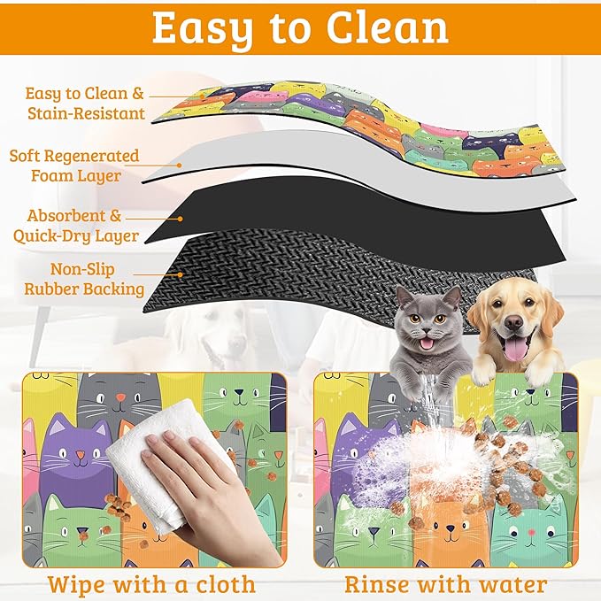 Cute Colorful Cats Dog Food Mat, Absorbent Pet Feeding Mat for Food and Water Bowl,Quick Dry Dog Placemat Non Slip Rubber Backing Waterproof Pet Supplies 12" x 20"