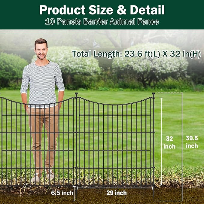 10 Panels No Dig Dog Fence Outdoor for Yard, 32 in(H) X 23.6 ft(L) Decorative Tall Garden Fence Animal Barrier, Rustproof Metal Wire Garden Edging and Borders, Temporary Fencing Stakes