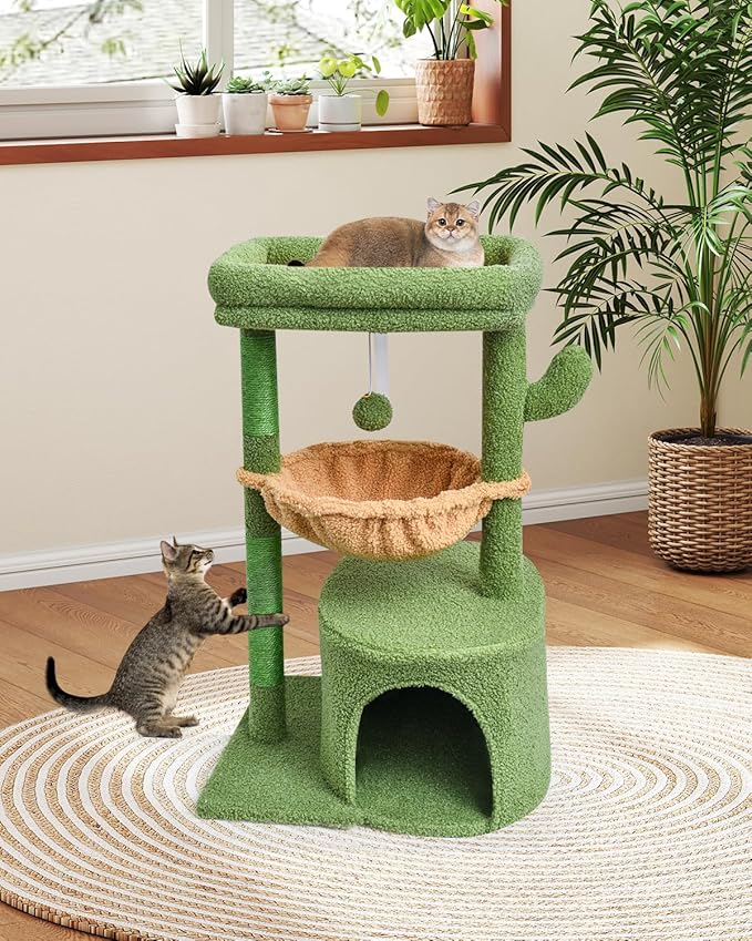 SYANDLVY Cactus Cat Tree for Indoor Cats, Green Activity Cat Tower with Scratching Post for Kittens, Modern Cat Furniture with Basket & Hanging Ball for Play Rest
