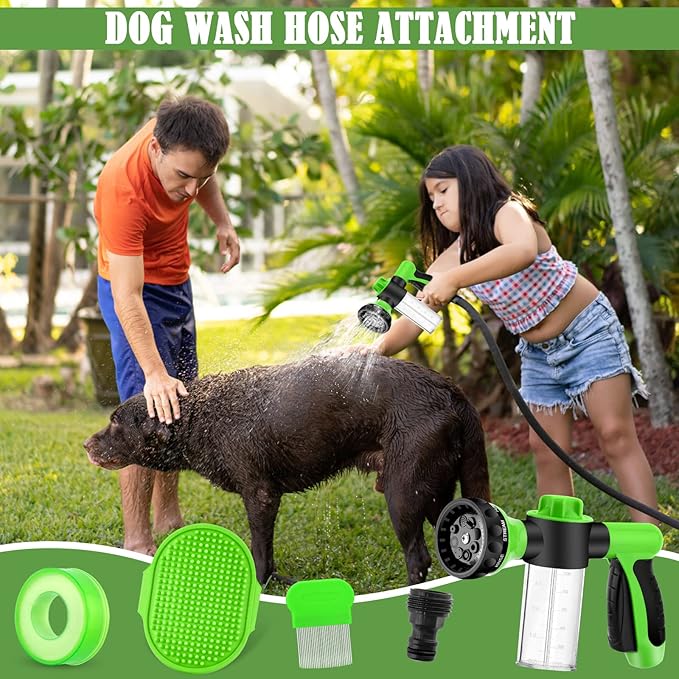 Dog Wash Sprayer Outdoor, 8-in-1 Dog Sprayer Hose Attachment with Massage Brush and Pet Grooming Comb, 3/4 Inch Standard Garden Hose Nozzle for Watering Flowers, Car Washing, Pet Bathing(Green)