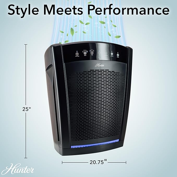 Hunter HP800 Air Purifiers for Home Large Room and Bedroom. True HEPA Air Purifier for Pets, Odors, Allergens, Smoke, Dust, VOC's. Value Bundle w/Extra Filter. Cleans 2585 Ft² per hour. Black