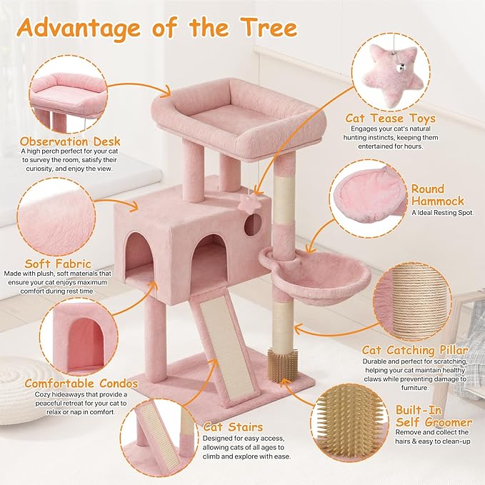 36-Inch Cat Tree for Small Cats, Multi-Level Cat Tower with Scratching Posts, Hammock, Cozy Condo & Scratching Board, Soft Pink Cat Furniture for Indoor Use