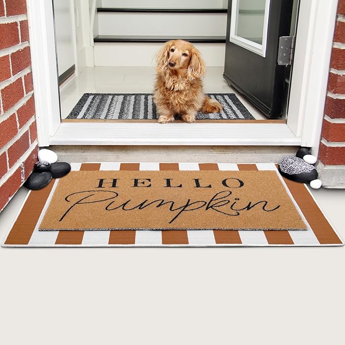 Tinideya 2 Pcs Fall Door Mat Thanksgiving Hello Pumpkin Welcome Non Slip Coir Mats White Orange Buffalo Plaid Floor Layering Doormats Seasonal for Front Porch Entryway Decor(Orange White)