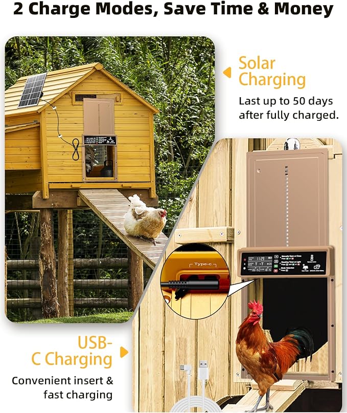 2025 Upgrade 7W Solar Power Chicken Door, Pet Deluxe Automatic Chicken Coop Door with 10PCS Wire Clip, Timer, Light Sensor, LCD Display & Anti-Pinch Durable Aluminum Auto Coop Door with 4 Modes-Brown