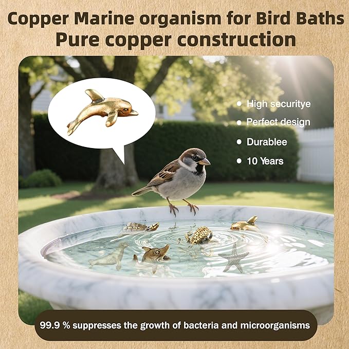 6 Pcs Copper Bath Disks Ornaments Mini Ocean Animal Shape– Starfish Turtle Dolphin Shark Sea Lion Octopus, Unique Copper Birdbath Purification Cleaner, Universal Fit for Outdoor Birdbaths