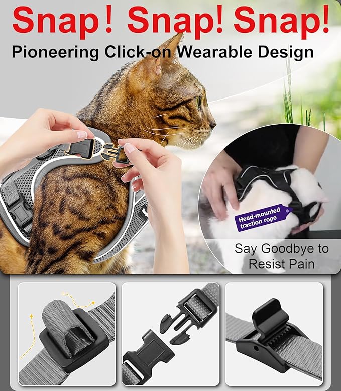 Cat Harness and Leash for Walking Escape Proof Soft Adjustable Cat Leash Breathable Comfortable Vest Easy to Wear Kitten Harness for Outdoor Travel Grey XS