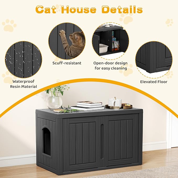 Cat Litter Box Enclosure, Multi-Functional Hidden Enclosed Litter Box Furniture with Adjustable Partition, Indoor Outdoor Cat House Weatherproof, Side Table, Easy to Clean & Assemble, Black