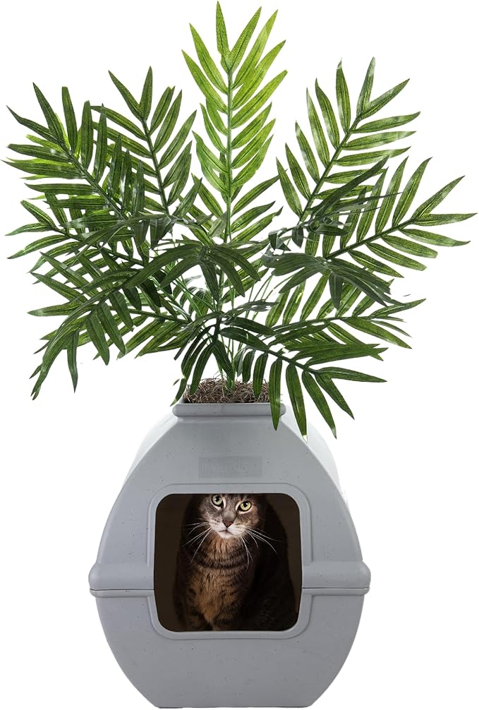 Good Pet Stuff Hidden Litter Box Planter, Decorative Cat Litter Enclosure with Carbon Filter, Artificial Plant, Easy Clean, Indoor Design, Courtyard Square Style, Base Kit, Stone Gray