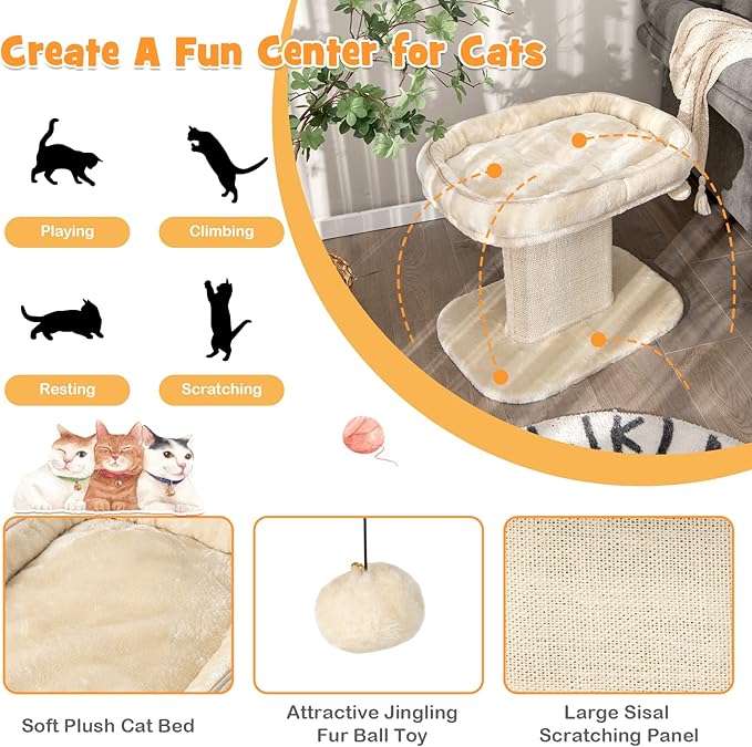 Tangkula Cat Tree for Indoor Cats, 2-Tier Cat Tower with Top Perch & Sisal Scratching Panel & Jingling Fur Ball Toy, Cozy Cat Bed with Scratching Post, Modern Small Kitten Activity Center (Beige)