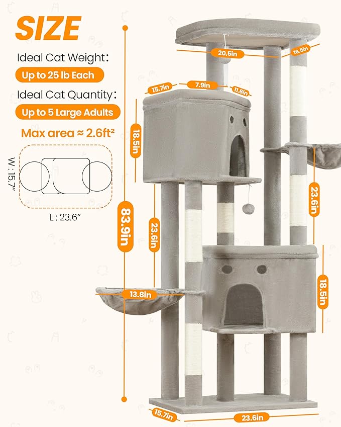 Extra Large Cat Tree, 84 Inch XXL Giant Cat Tower for Indoor Cats Large Adult 20lb+, Multi-Level Cat Climbing Condo with 5 Scratching Posts, 3 Wide Platform Perches, 2 Baskets, 2 Cat Caves, Light Grey