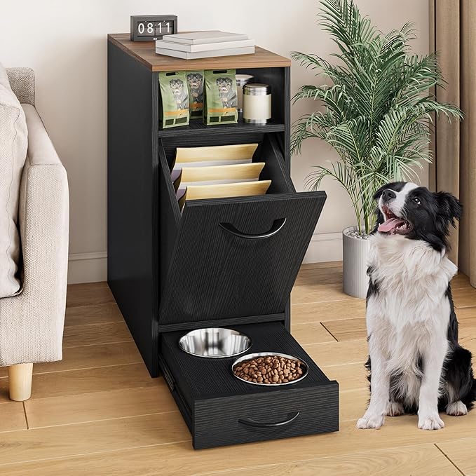 DWVO Dog Feeding Station with Storage, Dog Food Cabinet with 2 Feeder Bowls, Pull Out Elevated Dogs Bowl, Black